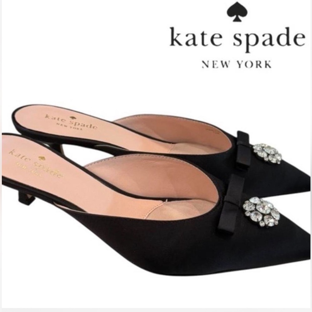 NEW Kate Spade Darlene Black Satin Jewelled Bow Kitten Heel Slide Mules 7.5